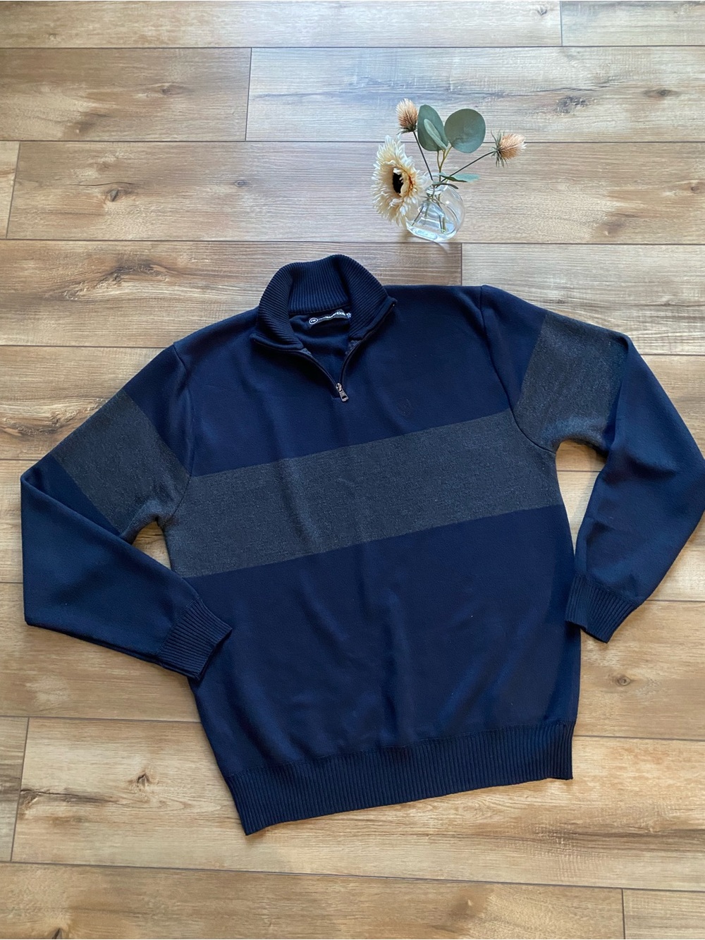 Essentials Navy Zip-Up Sweater with Gray Chest Stripe